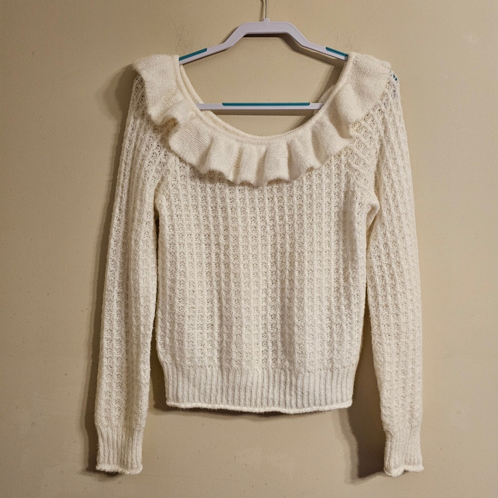 Anthropologie Ruffle Neck Sweater Women Small Ivory Open Knit Pullover